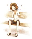  2010 asakura_you bad_id brown_hair closed_eyes eyes_closed hand_on_headphones headphones kiryamu male musical_note sandals shaman_king sitting solo title_drop 