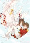  1girl angel card_captor_sakura cardcaptor_sakura child dress hair_ribbon kero kinomoto_sakura li_xiaolang male mia0309 petals ribbon signature title_drop uniform wings 