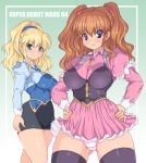  aisha_ridgemond blonde_hair blue_eyes brown_hair green_eyes hands_on_hips kihaiu long_hair manami_hamill multiple_girls panties shiny skirt smile super_robot_wars super_robot_wars_64 thigh-highs thighhighs underwear 