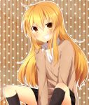  blonde_hair blush contemporary fang grin kirisame_marisa kneehighs sitting skirt smile solo star teeth touhou yarawi yellow_eyes 