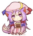 :&lt; animal_ears book cat_ears cat_tail chibi crescent hat holding holding_book long_hair lowres patchouli_knowledge purple_eyes purple_hair simple_background solo tail tosura-ayato touhou violet_eyes white_background 