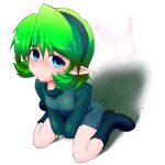  artist_request bare_legs blue_eyes boots fairy from_above green_hair hairband long_sleeves looking_up navi ocarina_of_time pointy_ears saria short_hair sitting sleeves_past_wrists smile solo the_legend_of_zelda v_arms 