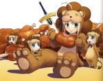  ahoge animal_costume blonde_hair boned_meat child cub eating excalibur fate/stay_night fate/tiger_colosseum fate_(series) food green_eyes highres higurashi_ryuuji lion lion_costume meat mother_and_child multiple_girls paws ryuuji saber_lion sword type-moon weapon 