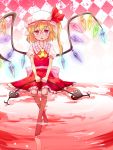  argyle argyle_background ascot barefoot bespectacled blonde_hair dress feet_in_water flandre_scarlet glasses hair_ribbon hat highres holding laevatein red_eyes ribbon side_ponytail soaking_feet solo the_embodiment_of_scarlet_devil touhou turupiko water wings 