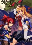  2girls black_legwear blonde_hair demon_tail demon_wings detached_sleeves disgaea elbow_gloves etna fang flonne flonne_(fallen_angel) gloves heart killyoh laharl long_hair moon multiple_girls nippon_ichi pointy_ears prinny red_eyes red_hair redhead scarf short_hair slit_pupils smile tail thigh-highs thighhighs white_legwear wings 