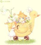  1girl ^_^ artist_name blonde_hair blue_eyes brother_and_sister closed_eyes dress eyes_closed flower grass hair_bobbles hair_ornament hairclip holding kagamine_len kagamine_rin penpon rubber_duck siblings smile stuffed_animal stuffed_bunny stuffed_toy translation_request twins vocaloid young 