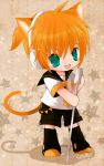  animal_ears cat_ears cat_tail chibi fang green_eyes headphones holding kagamine_len male microphone microphone_stand necktie orange_hair setahikaru short_hair signature solo standing star starry_background tail vocaloid 