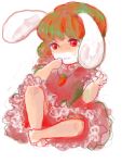  animal_ears barefoot bunny_ears carrot dress frilled_dress frills inaba_tewi jewelry kko necklace red_eyes short_hair slowpoke solo touhou young 