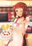  ;p ;q amami_haruka apron bow breasts brown_hair cake cleavage food fruit green_eyes hair_bow hands highres hitoto idolmaster kitchen microwave orange plate saucepan short_hair sleeves_rolled_up smile solo strawberry tongue whisk wink 