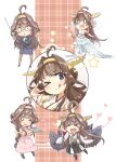  1girl absurdres ahoge apron bespectacled black_skirt boots brown_hair cannon detached_sleeves double_bun dress elbow_gloves formal frilled_skirt frills fyuo glasses gloves hairband headgear highres japanese_clothes kantai_collection kongou_(kancolle) long_hair long_sleeves nontraditional_miko one_eye_closed remodel_(kantai_collection) ribbon-trimmed_sleeves ribbon_trim rigging skirt skirt_suit suit thigh-highs thigh_boots turret violet_eyes wedding_dress white_dress white_gloves 