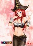  adjusting_hair bare_shoulders blush breasts cheng cheng_(artist) cleavage frills hat highres league_of_legends long_hair midriff miss_fortune navel pirate pirate_hat pointing purple_eyes red_hair redhead sarah_fortune smile violet_eyes wrist_cuffs 