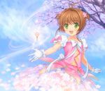  :d antenna_hair bow brown_hair card_captor_sakura cardcaptor_sakura cherry_blossoms child collarbone dress flower gloves green_eyes hair_flower hair_ornament highres key kinomoto_sakura magic magical_girl mutsuki_(moonknives) open_mouth short_hair short_twintails smile solo star twintails 