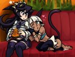  animal_ears aqua_eyes arm_grab audioerf bare_shoulders barefoot black_hair black_legwear bob_cut breasts cat_ears cat_tail couch crop_top dark_skin extra_mouth filia_(skullgirls) fingerless_gloves food futakuchi-onna gloves hamburger leg_warmers long_hair midriff ms._fortune_(skullgirls) multiple_girls nadia_fortune navel necktie open_mouth prehensile_hair red_eyes samson_(skullgirls) scar shirt short_hair sitting skirt skullgirls smile solo tail thick_thighs thigh-highs thighhighs thighs white_hair wink yellow_eyes 