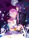  1girl bad_id blue_eyes blue_hair estellise_sidos_heurassein full_moon hug long_hair moon ouri petals pink_hair tales_of_(series) tales_of_vesperia wind yuri_lowell 