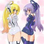  arnval ass blonde_hair blue_eyes busou_shinki character_request dd_(artist) doll_joints elbow_gloves from_behind gloves leotard long_hair looking_back multiple_girls purple_eyes purple_hair tempesta thigh-highs thighhighs twintails violet_eyes 