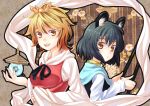  2girls animal_ears bishamonten&#039;s_pagoda bust capelet dowsing_rod grey_hair hair_ornament jeweled_pagoda mouse_ears multicolored_hair multiple_girls nazrin ogino_(oginogino) ribbon short_hair toramaru_shou touhou two-tone_hair yellow_eyes 