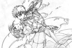  ahoge armor armored_dress bad_id drawing_sword dress emiya_shirou excalibur fate/stay_night fate_(series) guilty_crown hair_ribbon llmocoll monochrome parody puffy_sleeves raglan_sleeves ribbon saber shoujo_kakumei_utena sword weapon 