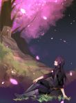  bad_id black_hair cherry_blossoms grass hand_on_leg long_hair male ouri petals sitting solo tales_of_(series) tales_of_vesperia wind yuri_lowell 