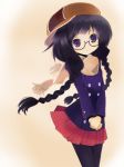  black_hair black_legwear blush braid brown_eyes cabbie_hat coat glasses hands_together hat long_hair original pantyhose scarf simple_background smile solo twin_braids twintails wara_(warapro) 