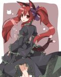  alternate_hairstyle animal_ears bow cat_ears cat_tail dress hair_bow kaenbyou_rin kuromari_(runia) long_hair multiple_tails red_eyes red_hair redhead simple_background solo tail touhou twintails very_long_hair 