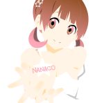  bare_shoulders brown_eyes brown_hair doujima_nanako dress hair_decs hands_clasped k-on! kotobuki66 looking_at_viewer parody persona persona_4 romaji short_twintails smile solo style_parody text twintails 