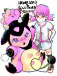  1girl akane_(pokemon) animal blush_stickers clefairy cow fighting_stance footwear gym_leader heart kko looking_at_viewer miltank pink pink_eyes pink_hair pokemon pokemon_(creature) pokemon_(game) pokemon_gsc red_eyes rough shorts sitting socks standing t-shirt title_drop twintails udder 
