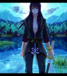 black_hair holding katana lake letterboxed long_hair male ouri solo standing sword tales_of_(series) tales_of_vesperia tree water weapon yuri_lowell 