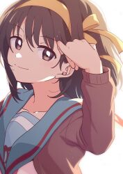 1girl blue_sailor_collar brown_cardigan brown_eyes brown_hair cardigan commentary hair_ribbon hairband hand_up highres kita_high_school_uniform long_sleeves looking_at_viewer medium_hair open_cardigan open_clothes ribbon sailor_collar school_uniform serafuku simple_background solo suzumiya_haruhi suzumiya_haruhi_no_yuuutsu taiki_(6240taiki) upper_body white_background winter_uniform yellow_hairband yellow_ribbon 
