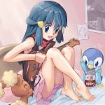  1girl barefoot bed blue_eyes blue_hair buneary can drum drumsticks feet food guitar hikari_(pokemon) instrument legs long_hair lowres mimolette_(mimo) piplup poke_ball poke_ball_theme pokemon pokemon_(creature) sitting skirt solo soup toes x_x 