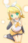  1girl :d blonde_hair bow female flat_chest highres kagamine_rin kneeling midriff minitesu open_mouth sailor_collar school_uniform seifuku short_hair shorts solo vocaloid white_hairband 