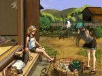  blonde_hair blue_hair bottle can closed_eyes food fruit garden geta hat hatsune_miku horuda kagamine_len kagamine_rin kaito legs long_hair lying magazine on_back popsicle sandals scarf short_hair shorts sitting skirt straw_hat twintails vocaloid watermelon 