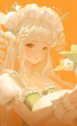  1girl bird blonde_hair blush bonnet commentary dress drill_hair earrings eyelashes frilled_bonnet frills goose highres jewelry long_hair looking_at_viewer necklace orange_background orange_theme original red_fish ribbon side_drill simple_background smile solo two_side_up upper_body yellow_eyes 