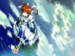  artist_request cloud dress fingerless_gloves from_above gloves hair_bow looking_up mahou_shoujo_lyrical_nanoha mahou_shoujo_lyrical_nanoha_the_movie_1st raising_heart reflection ripples short_twintails sky skyt2 solo staff takamachi_nanoha twintails water 