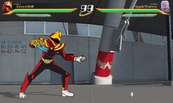  1boy absurdres arm_blade armor black_bodysuit blurry blurry_background bodysuit company_connection crossover emeruga fighting_game fighting_stance fingernails gochizo gozyuwolf health_bar helmet highres kamen_rider kamen_rider_gavv_(series) long_fingernails no.1_sentai_gozyuger red_armor red_bodysuit red_helmet screenshot_background screenshot_inset size_difference super_sentai tega_sword tokusatsu weapon 