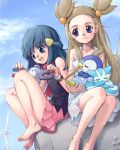  2girls barefoot blue_eyes blue_hair brown_hair cloud dress feet gym_leader hair_bobbles hair_ornament hikari_(pokemon) long_hair lowres magnemite mikan_(pokemon) mimolette_(mimo) multiple_girls pachirisu piplup pokemon pokemon_(creature) pokemon_(game) pokemon_dppt pokemon_gsc purple_eyes sitting skirt sky sleeping smile tetrapod two_side_up wind wind_turbine windmill 