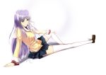  arm_support bad_perspective clannad dormant_wing fujibayashi_kyou highres long_hair purple_eyes purple_hair school_uniform thighhighs white 