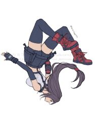  1girl backflip bare_shoulders black_gloves black_skirt black_stripes black_thighhighs brown_hair elbow_gloves final_fantasy final_fantasy_vii fingerless_gloves gloves ha_lu77 hair_ribbon highres legs long_hair looking_down midriff midriff_peek miniskirt red_ribbon red_sneakers ribbon shoes signature skirt sneakers solo sports_bra striped_sports_bra tank_top thigh-highs thighs tifa_lockhart upside-down white_sports_bra white_tank_top zettai_ryouiki 