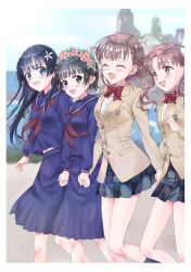  4girls ayuko_(ayuko54bornthisway) black_hair blazer blue_serafuku blue_shirt blue_skirt blue_sky bow bowtie brown_hair brown_jacket checkered_clothes checkered_skirt clouds day dutch_angle feet_out_of_frame head_wreath highres jacket long_hair misaka_mikoto multiple_girls neckerchief outdoors plaid_clothes plaid_skirt red_bow red_bowtie red_neckerchief sailor_collar sailor_shirt sakugawa_school_uniform saten_ruiko school_uniform serafuku shirai_kuroko shirt short_hair skirt sky toaru_kagaku_no_railgun toaru_majutsu_no_index tokiwadai_school_uniform twintails uiharu_kazari winter_uniform 