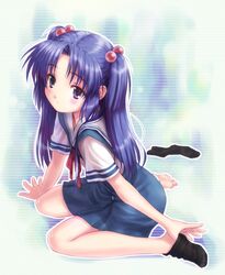  absurdres barefoot black_legwear blue_eyes blue_hair blush clannad feet goto_p hair_bobbles hair_ornament hands highres ichinose_kotomi loli long_hair school_uniform seifuku serafuku single_sock skirt sock_pull socks solo twintails two_side_up undressing 