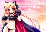  1girl animal_ears bad_id black_panties blonde_hair blush cape cat_ears catgirl crop_top fang fate_testarossa female hair_ribbon long_hair looking_at_viewer mahou_shoujo_lyrical_nanoha navel open_mouth panties paws red_eyes ribbon source_request teruui twintails underwear 