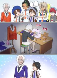  arven_(pokemon) backpack bag black_hair blue_hair blush braid breasts brown_bag brown_eyes brown_hair clavell_(pokemon) closed_mouth collared_shirt dark-skinned_female dark_skin eyelashes eyeshadow facial_hair florian_(pokemon) freckles glasses goatee green_hair grey_eyes grey_eyeshadow hair_over_one_eye hat highres holding hood hoodie jacket juliana_(pokemon) long_hair long_sleeves makeup multicolored_hair multiple_boys multiple_girls naranja_academy_(emblem) naranja_academy_school_uniform necktie nemona_(pokemon) open_mouth orange_necktie pants penny_(pokemon) pokemoa pokemon pokemon_sv ponytail purple_necktie red_hair round_eyewear school_uniform shirt short_hair short_sleeves shorts smile streaked_hair two-tone_hair uva_academy_(emblem) uva_academy_school_uniform vest white-framed_eyewear white_facial_hair white_hair white_shirt 