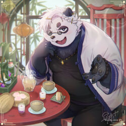  1boy animal_ears bead_bracelet beads black_fur blush bracelet braid chinese_clothes chinese_food commentary_request food furry furry_male hair_ornament hairpin head_on_hand indie_virtual_youtuber jewelry looking_at_viewer male_focus multicolored_fur necklace one_eye_closed open_mouth panda_boy panda_ears plump purasu_no_konbu round_eyewear sasayama_akira signature smile steamed_bun tea twitter_username white_fur white_hair 