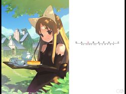  animal_ears blonde_hair bow brown_eyes building cake cat_ears cup dress food gagraphic gunpom gunpon hairband house long_hair looking_at_viewer nekomimi smile solo tea teacup teapot tray wallpaper 