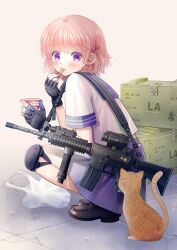  1girl absurdres ammunition_box assault_rifle bag blush cat commentary_request fingerless_gloves food full_body gloves gun highres ice_cream knee_guards loafers nagasawa_rin original pink_hair rifle sailor_collar school_uniform serafuku shoes short_hair solo squatting violet_eyes weapon weapon_request 