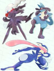  3others absurdres adversarial_noise animal_ears animal_feet animal_hands arm_at_side arm_up artist_name black_fur blue_background blue_fur blue_sclera blue_skin body_fur closed_mouth colored_sclera colored_skin commentary_request darkrai fighting_stance fins from_side full_body furry furry_male greninja half-closed_eyes hand_up head_fins highres kurimaro leg_up legs_apart long_hair long_tongue lucario multicolored_skin multiple_others no_feet other_focus outstretched_arm partial_commentary pokedex_number pokemon pokemon_(creature) profile red_eyes serious short_tail signature snout spikes standing standing_on_one_leg tail tongue tongue_out twitter_username webbed_feet webbed_hands white_eyes white_hair wolf_ears wolf_tail yellow_fur yellow_skin 