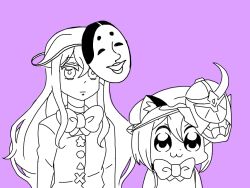  2girls :3 :| animal_ear_fluff animal_ears arms_at_sides bkub bow bowtie buttons cat_ears cat_girl character_mask chen chibi closed_mouth commentary_request ears_through_headwear expressionless greyscale_with_colored_background hair_between_eyes hat hata_no_kokoro kamen_rider kamen_rider_gaim kamen_rider_gaim_(series) long_hair mask mask_on_head mob_cap multiple_girls noh_mask purple_background short_hair simple_background smile star_(symbol) touhou triangle x 