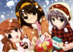  asahina_mikuru blush braid brown_hair chocolate chocolate_heart christmas deredere gift heart highres holding holding_gift ikeda_shouko long_hair multiple_girls nagato_yuki scarf short_hair snowing suzumiya_haruhi suzumiya_haruhi_no_yuuutsu valentine 