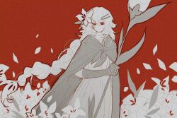  1girl aislan calla_lily cape closed_mouth cookie_run cookie_run:_kingdom cowboy_shot dress expressionless flower grey_cape hair_flower hair_ornament holding holding_staff limited_palette long_hair red_background simple_background solo staff very_long_hair white_dress white_flower white_hair white_lily_cookie wrist_wrap 