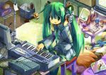  analoguma detached_sleeves green_eyes green_hair hatsune_miku headphones instrument kagamine_rin keyboard_(instrument) long_hair nab nail_polish necktie sakanaya_nakasa sleeping twintails vocaloid 