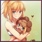  2girls ahoge animal_costume blonde_hair blush braid chibi colored fang fate/apocrypha fate/stay_night fate/tiger_colosseum fate_(series) french_braid gao green_eyes heart hug lion_costume long_hair multiple_girls ponytail saber_lion saber_of_red scrunchie spoken_heart tubetop tusia 